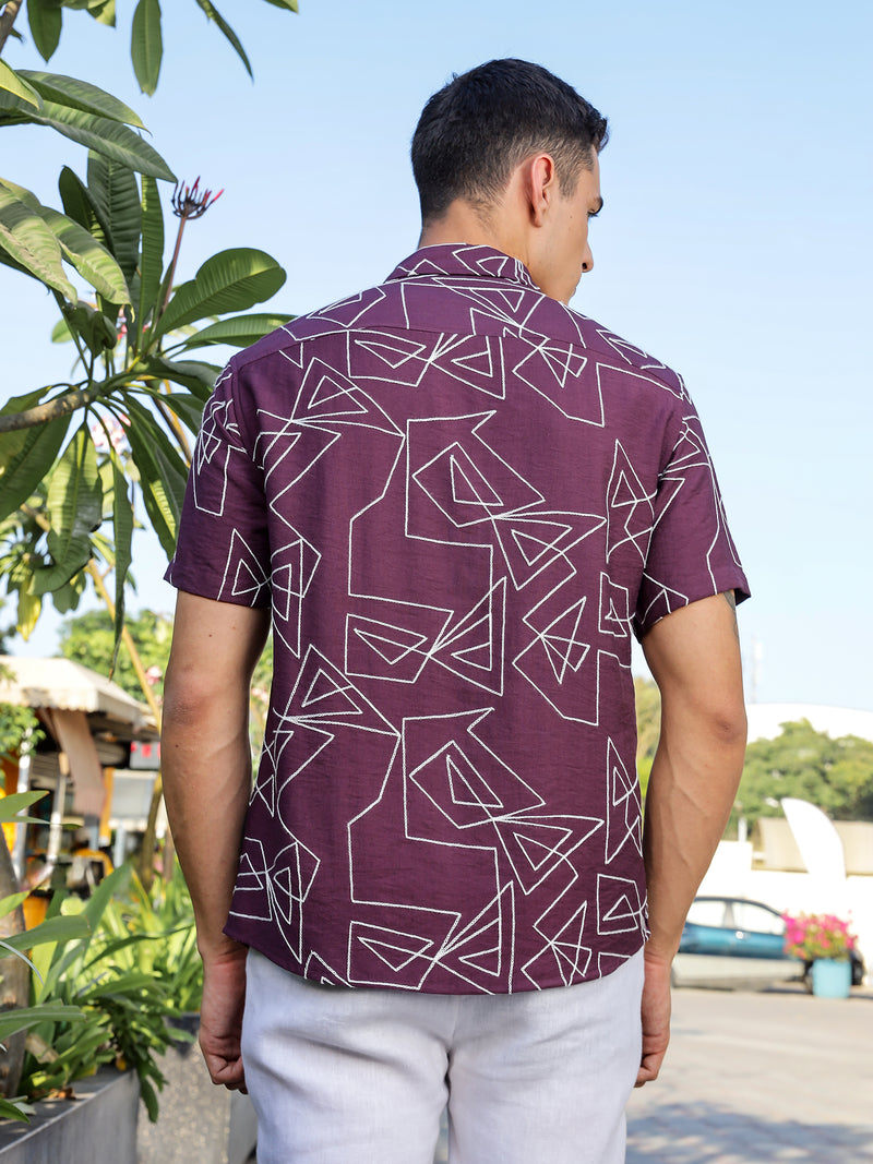 Thomas Scott Men Wine Regular Fit Short Sleeves Spread Collar Embroidered Shirt