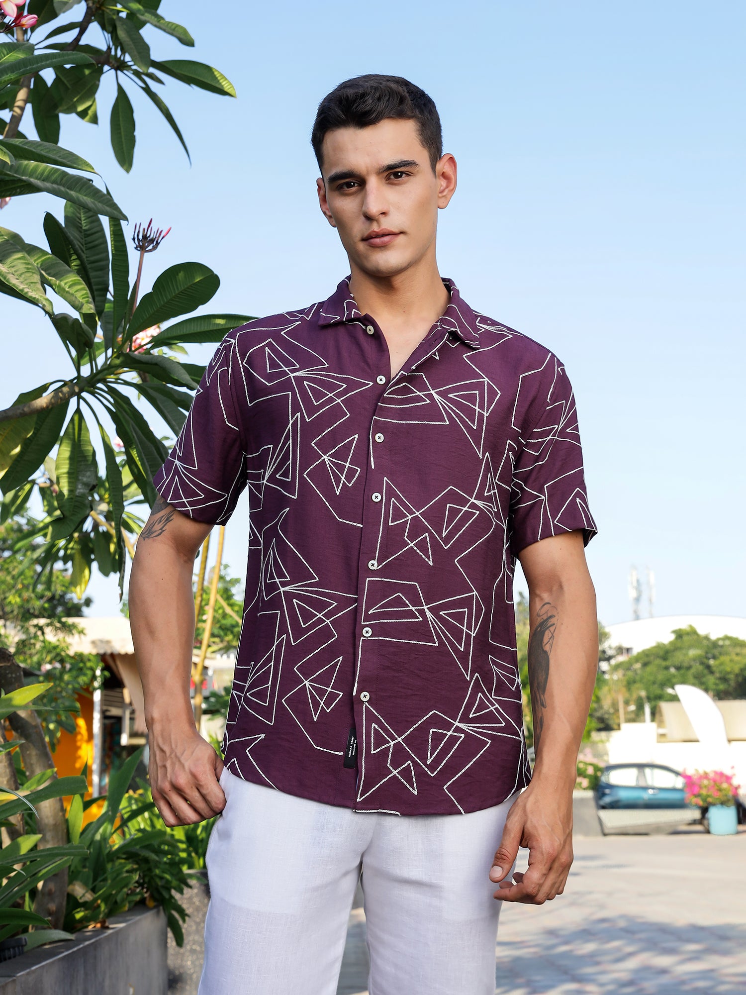 Thomas Scott Men Wine Regular Fit Short Sleeves Spread Collar Embroidered Shirt