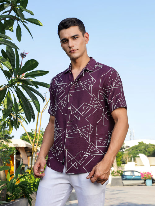 Thomas Scott Men Wine Regular Fit Short Sleeves Spread Collar Embroidered Shirt