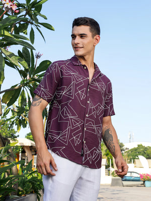 Thomas Scott Men Wine Regular Fit Short Sleeves Spread Collar Embroidered Shirt
