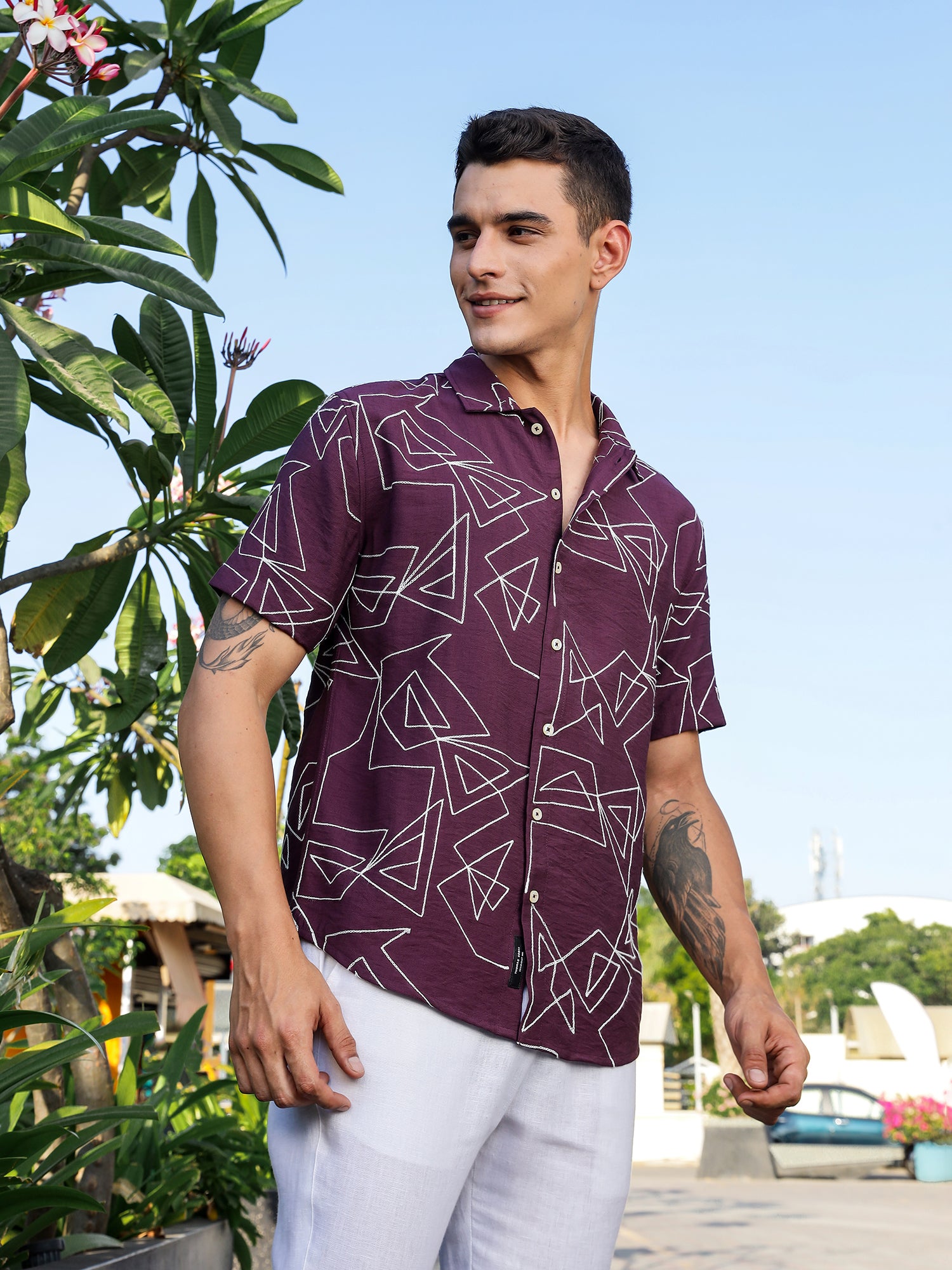Thomas Scott Men Wine Regular Fit Short Sleeves Spread Collar Embroidered Shirt