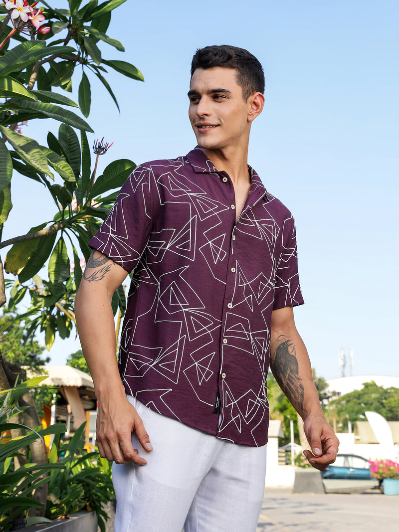 Thomas Scott Men Wine Regular Fit Short Sleeves Spread Collar Embroidered Shirt
