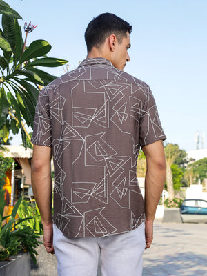 Brown Regular Fit Short Sleeves Spread Collar Embroidered Shirt For Men