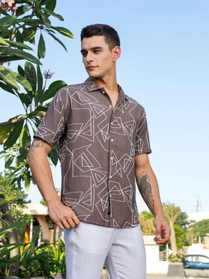 Brown Regular Fit Short Sleeves Spread Collar Embroidered Shirt For Men