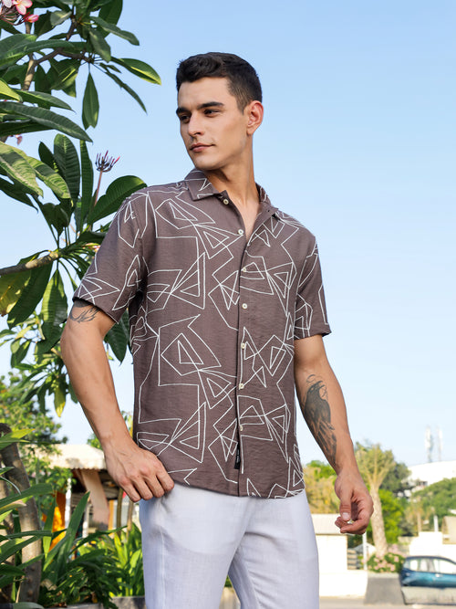 Thomas Scott Men Brown Regular Fit Short Sleeves Spread Collar Embroidered Shirt