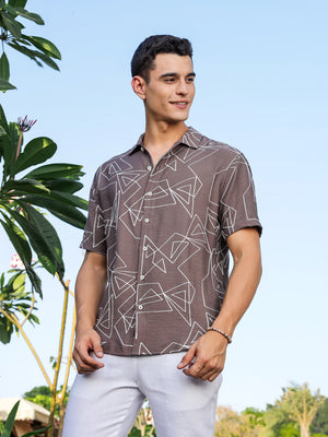Brown Regular Fit Short Sleeves Spread Collar Embroidered Shirt For Men