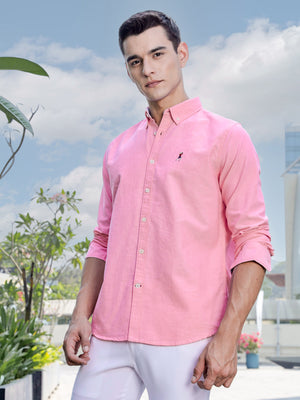 Pink Slim Fit Long Sleeves Button-Down Collar Solid Casual Shirt For Men