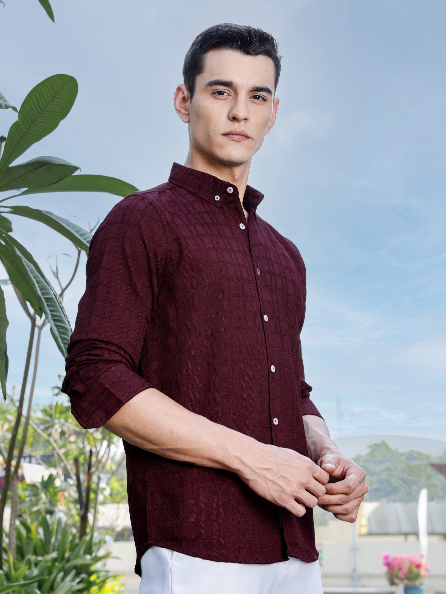 Thomas Scott Men Maroon Slim Fit Long Sleeves Button-Down Collar Woven Casual Shirt