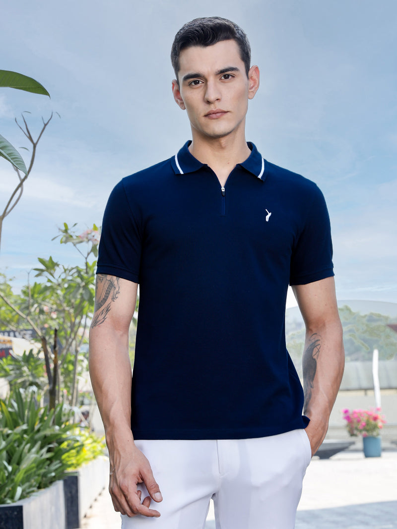 Thomas Scott Men Navy Regular Fit Short Sleeve Polo Collar Knitted T-shirt
