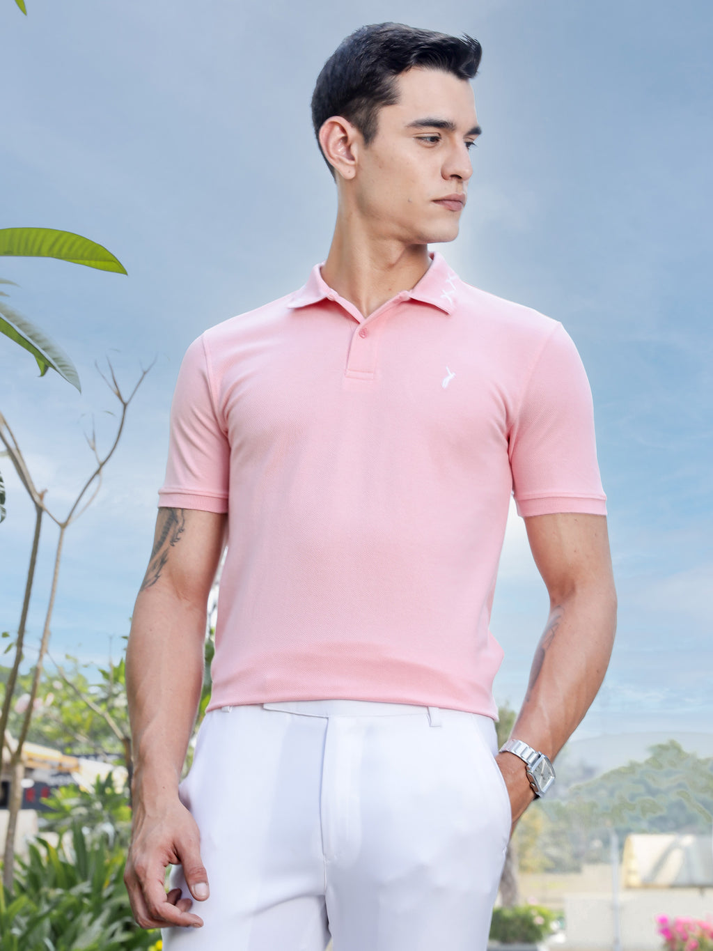 Thomas Scott Men Pink Regular Fit Short Sleeve Polo Collar Knitted T-shirt