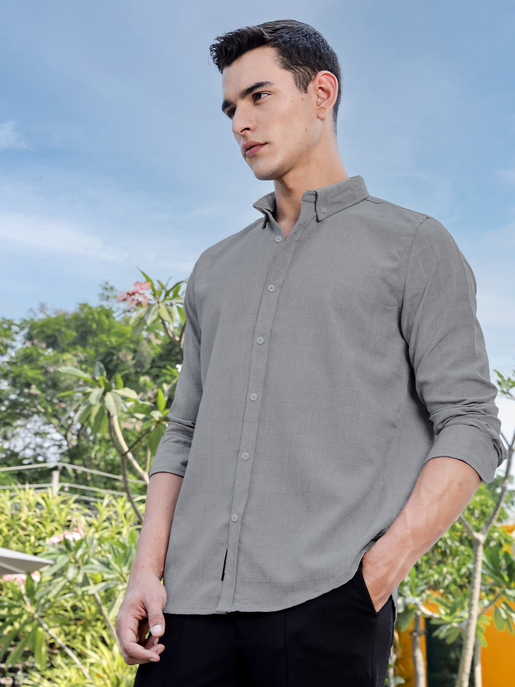 Thomas Scott Men LightGrey Slim Fit Long Sleeves Button-Down Collar Woven Casual Shirt