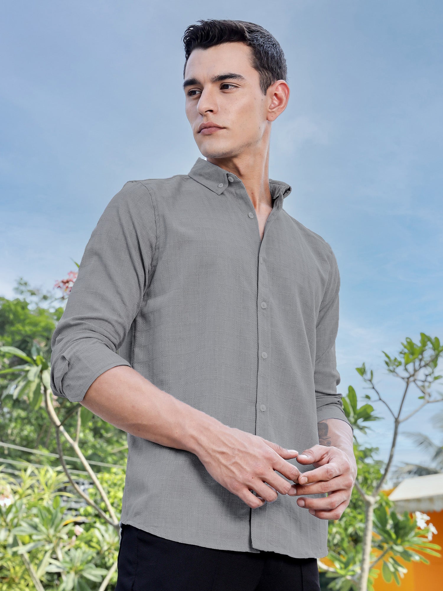 Thomas Scott Men LightGrey Slim Fit Long Sleeves Button-Down Collar Woven Casual Shirt