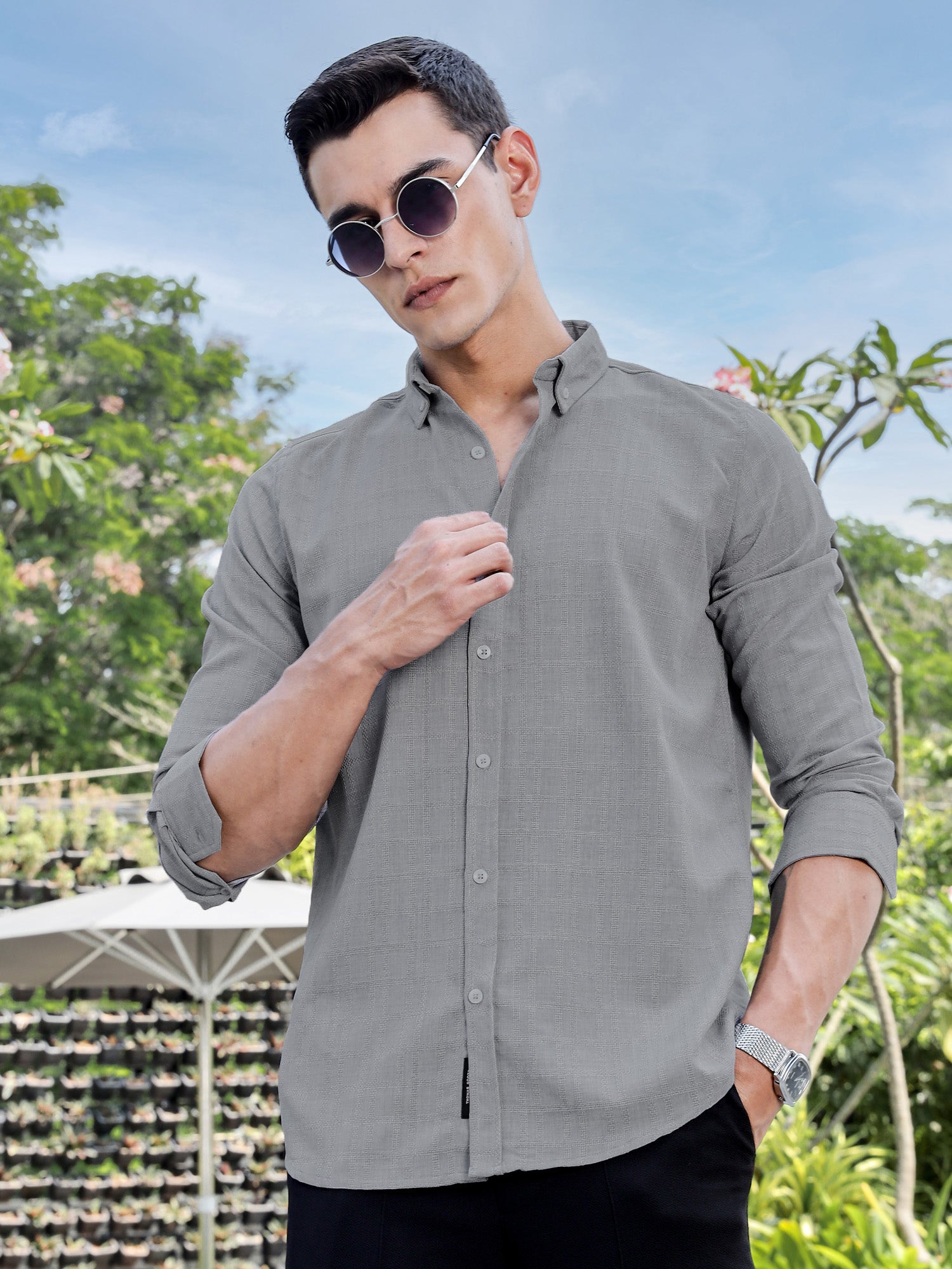 Thomas Scott Men LightGrey Slim Fit Long Sleeves Button-Down Collar Woven Casual Shirt