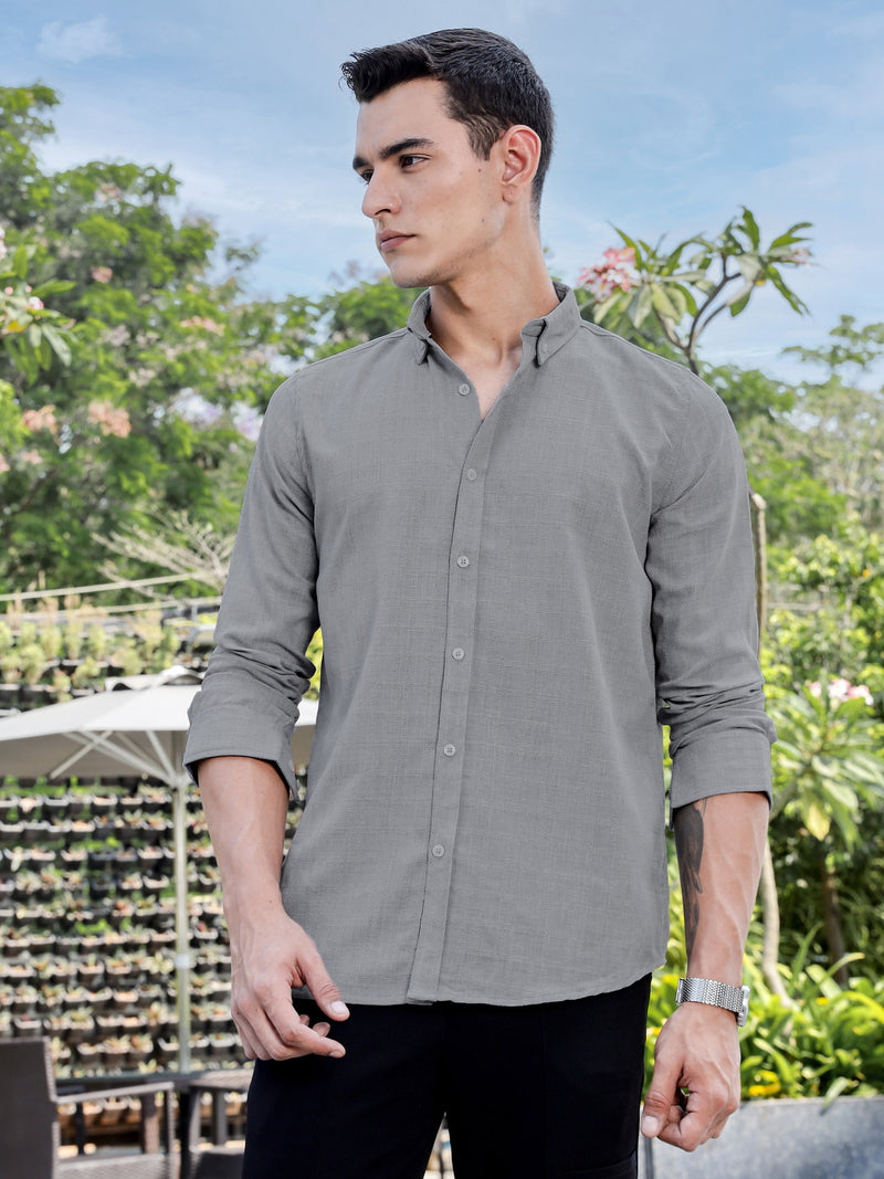 Thomas Scott Men LightGrey Slim Fit Long Sleeves Button-Down Collar Woven Casual Shirt
