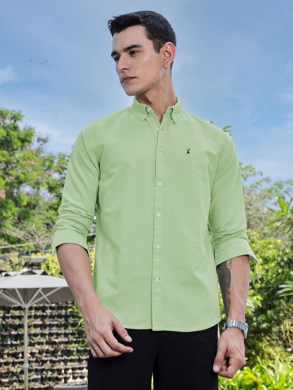 Thomas Scott Men Lt.Green Slim Fit Long Sleeves Button-Down Collar Solid Casual Shirt