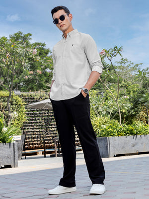 Beige Slim Fit Long Sleeves Button-Down Collar Solid Casual Shirt For Men