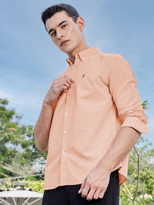 Orange Slim Fit Long Sleeves Button-Down Collar Solid Casual Shirt For Men