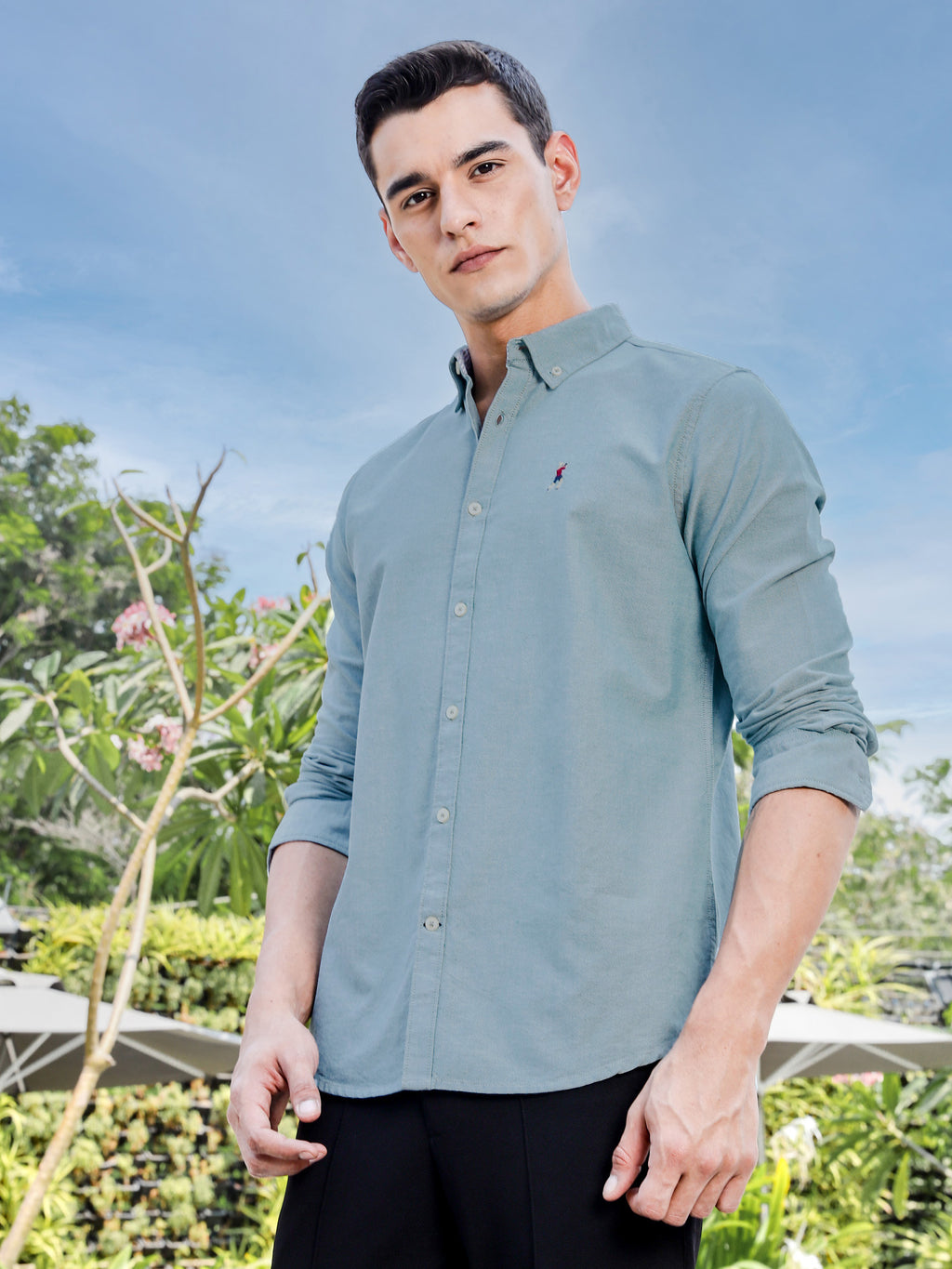 Thomas Scott Men DarkGreen Slim Fit Long Sleeves Button-Down Collar Solid Casual Shirt