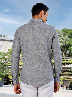 Black Slim Fit Long Sleeves Pinstripes Linen Casual Shirt For Men