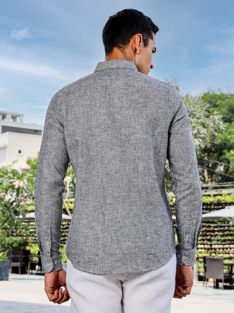 Thomas Scott Men Black Slim Fit Long Sleeves Pinstripes Linen Casual Shirt