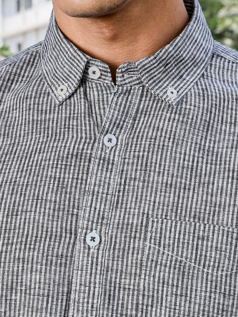 Thomas Scott Men Black Slim Fit Long Sleeves Pinstripes Linen Casual Shirt