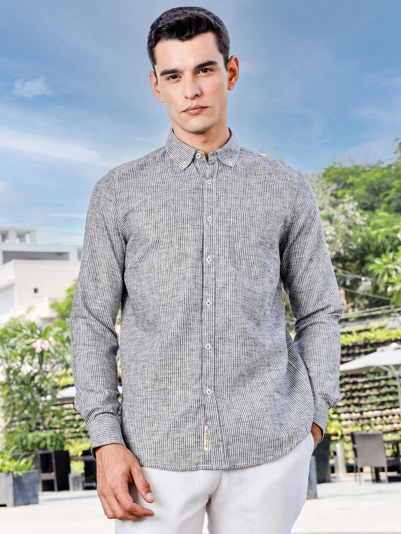 Thomas Scott Men Black Slim Fit Long Sleeves Pinstripes Linen Casual Shirt