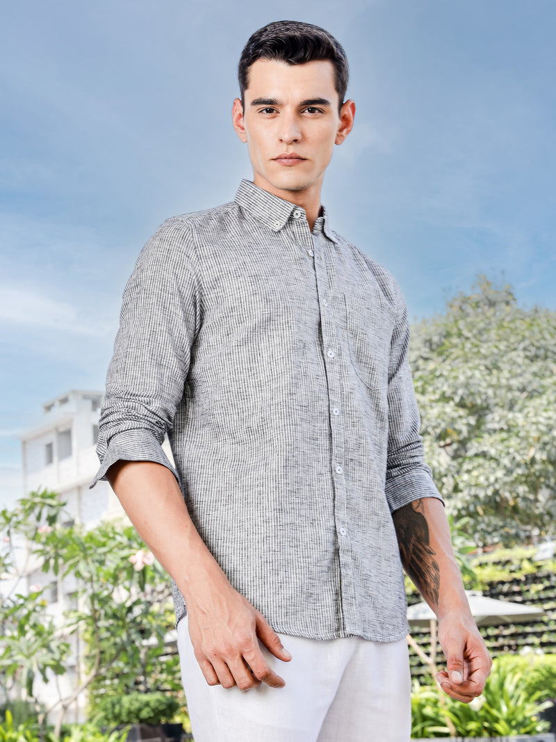 Thomas Scott Men Black Slim Fit Long Sleeves Pinstripes Linen Casual Shirt