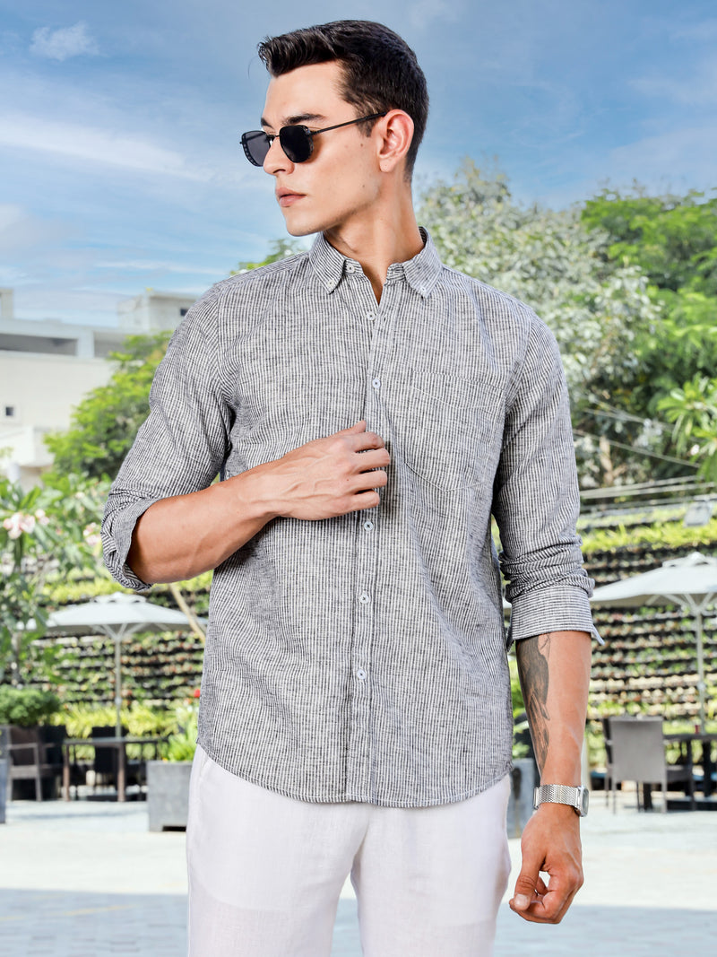 Thomas Scott Men Black Slim Fit Long Sleeves Pinstripes Linen Casual Shirt