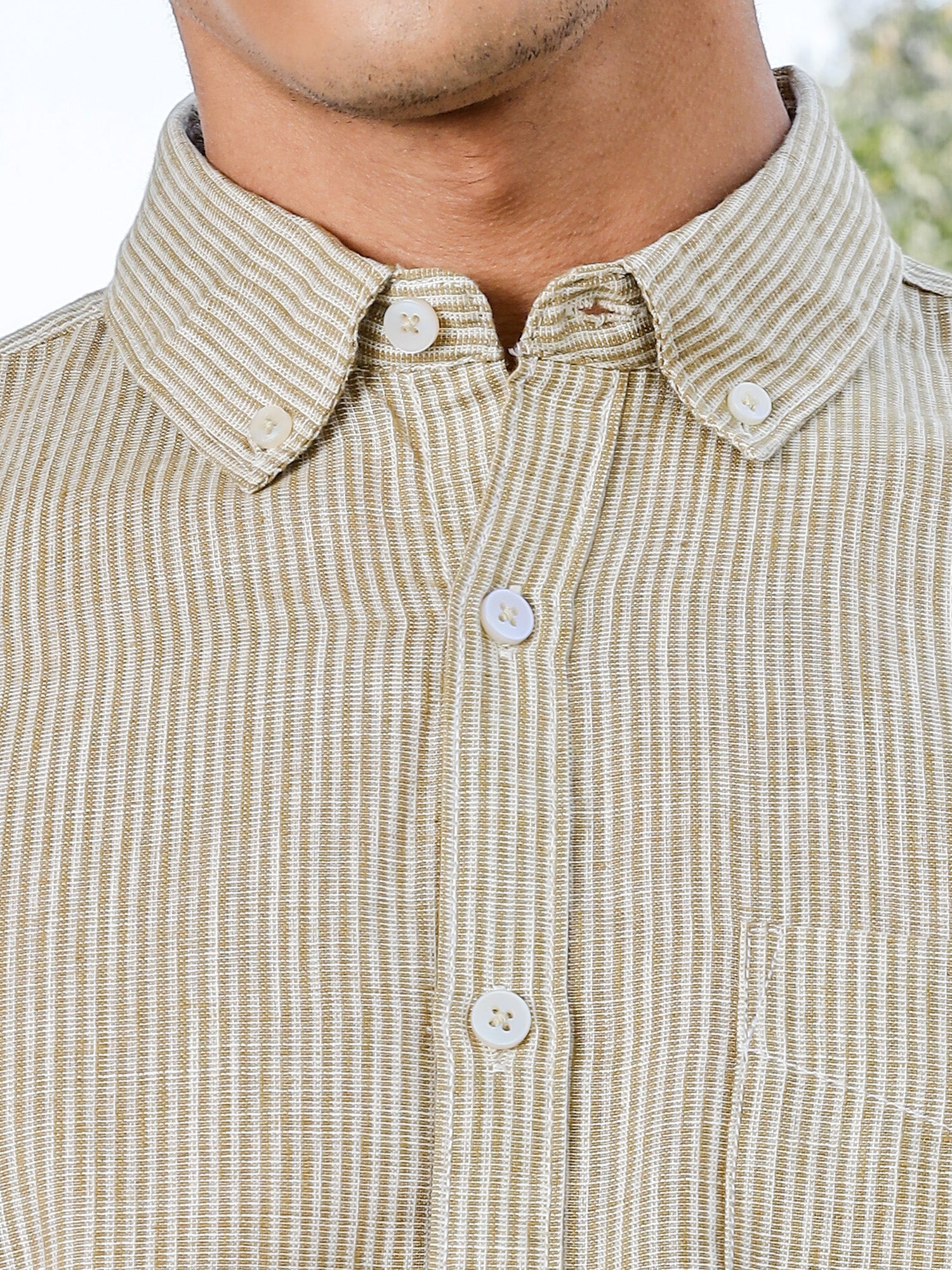Thomas Scott Men Brown Slim Fit Long Sleeves Pinstripes Linen Casual Shirt