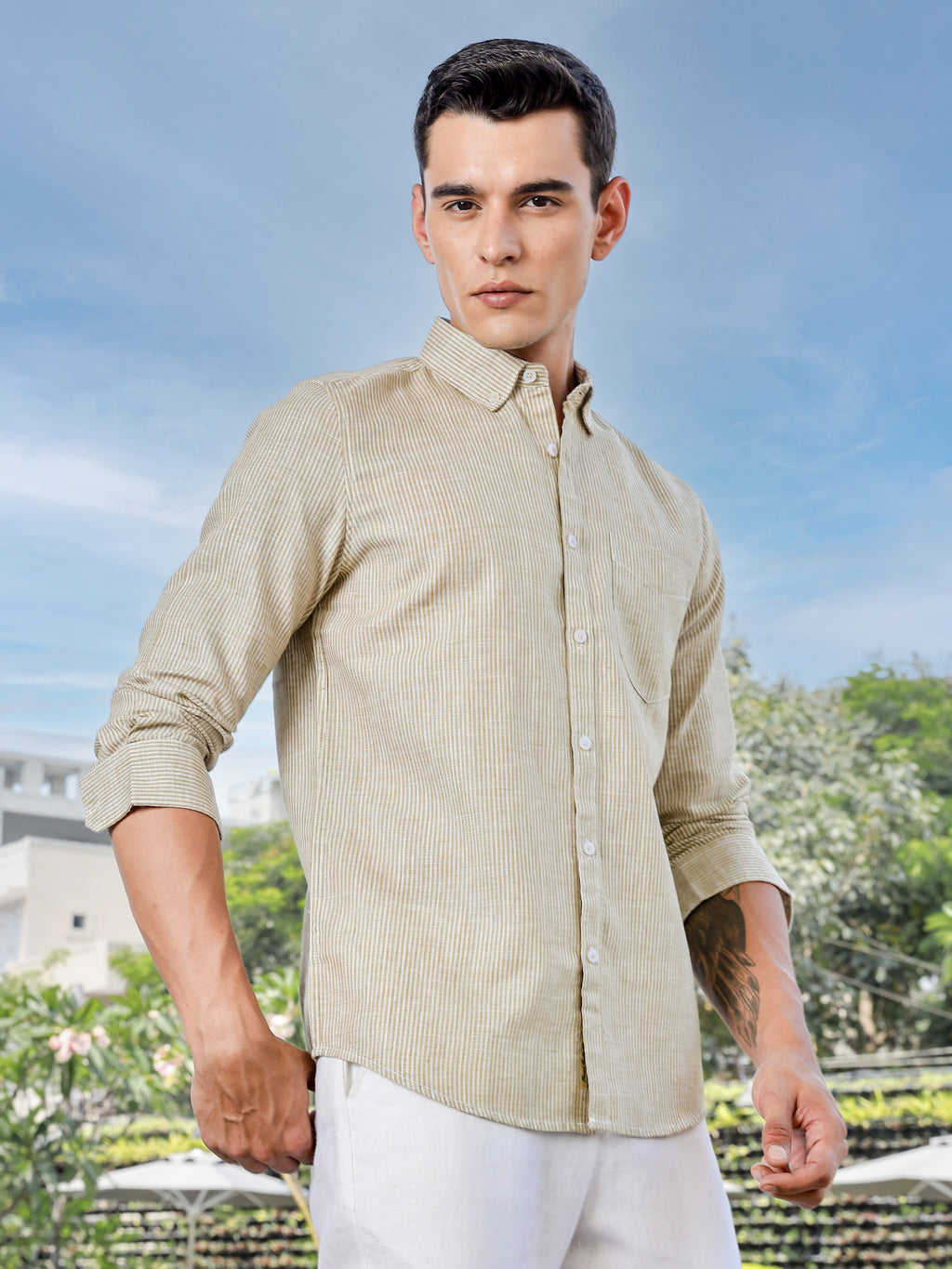 Thomas Scott Men Brown Slim Fit Long Sleeves Pinstripes Linen Casual Shirt