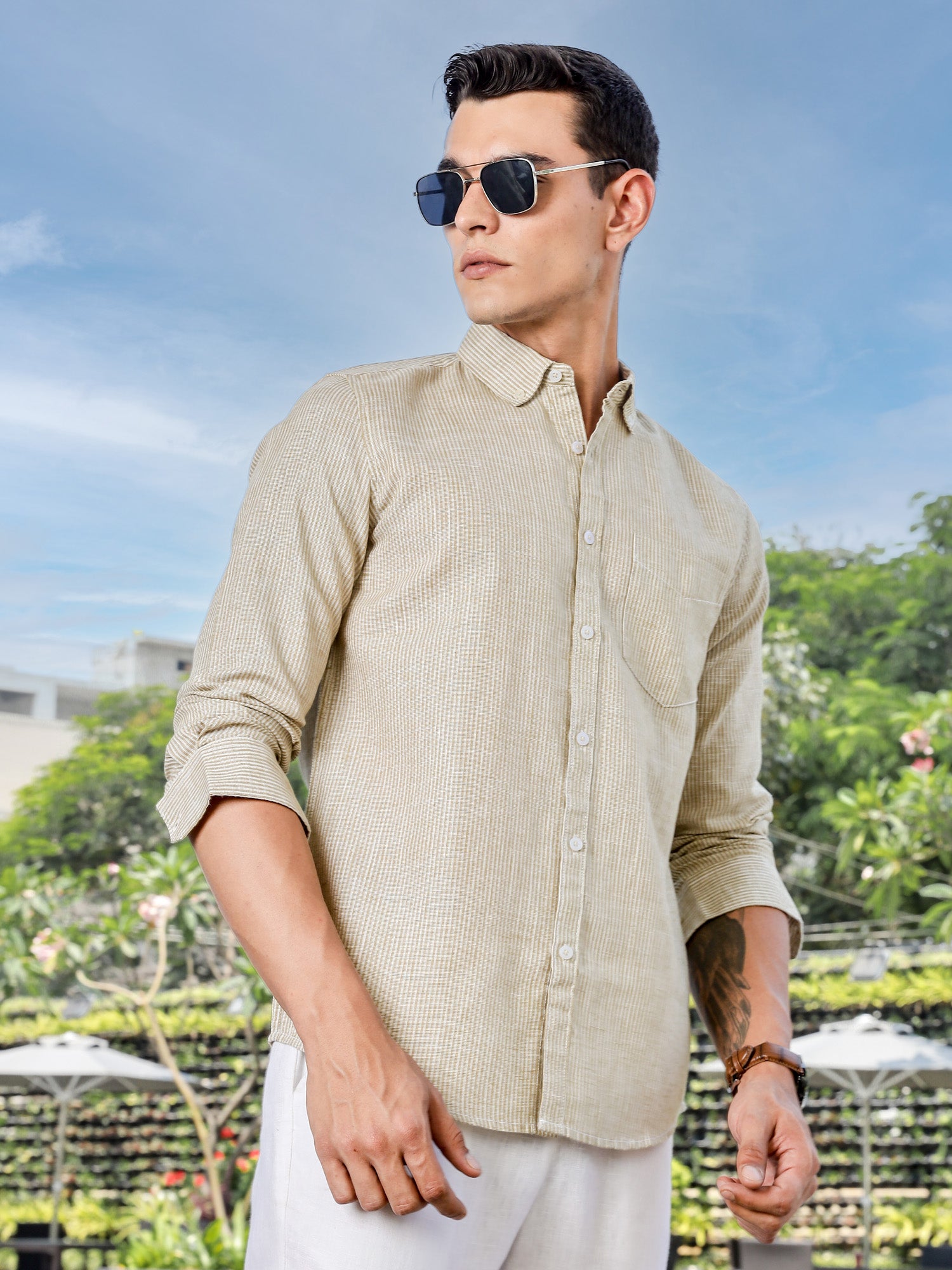 Thomas Scott Men Brown Slim Fit Long Sleeves Pinstripes Linen Casual Shirt