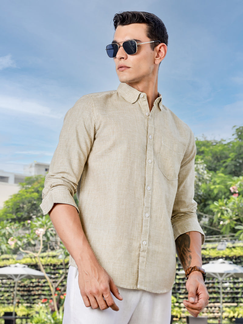 Thomas Scott Men Brown Slim Fit Long Sleeves Pinstripes Linen Casual Shirt