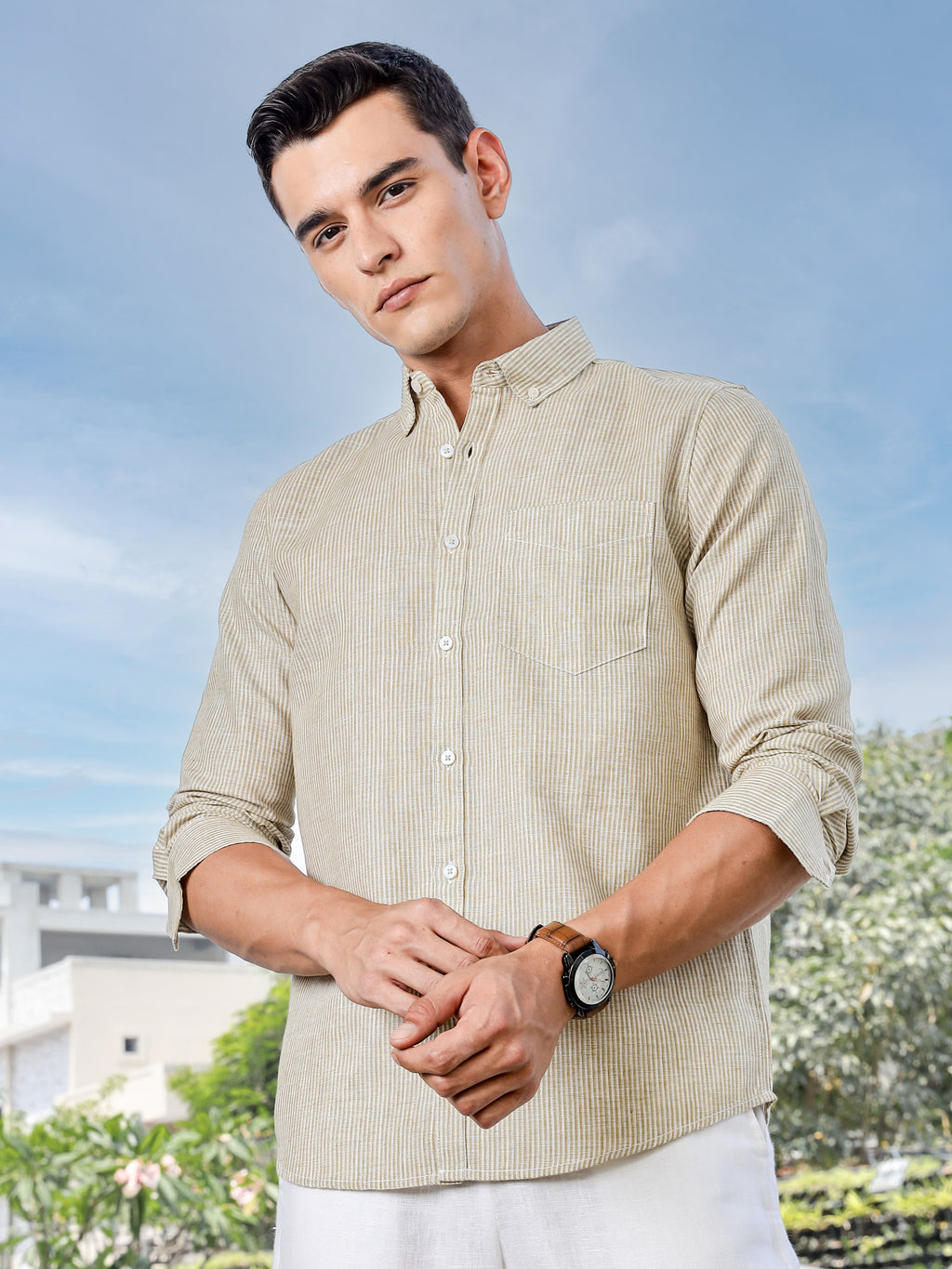 Thomas Scott Men Brown Slim Fit Long Sleeves Pinstripes Linen Casual Shirt