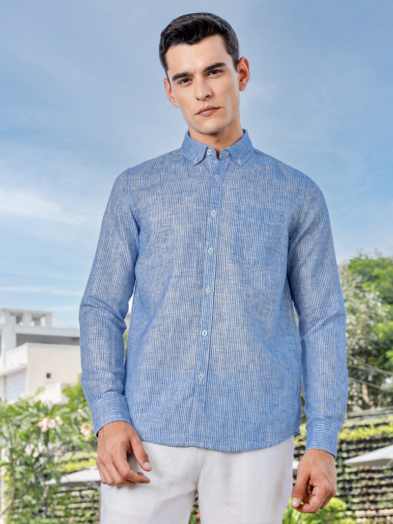 Thomas Scott Men Blue Slim Fit Long Sleeves Pinstripes Linen Casual Shirt