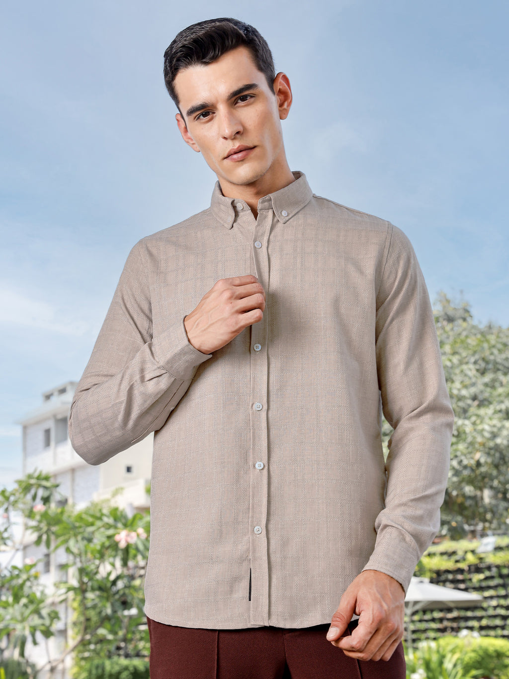 Thomas Scott Men Beige Slim Fit Long Sleeves Button-Down Collar Woven Casual Shirt