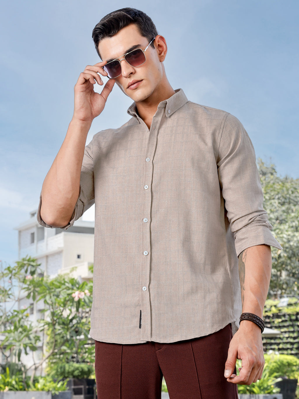 Thomas Scott Men Beige Slim Fit Long Sleeves Button-Down Collar Woven Casual Shirt