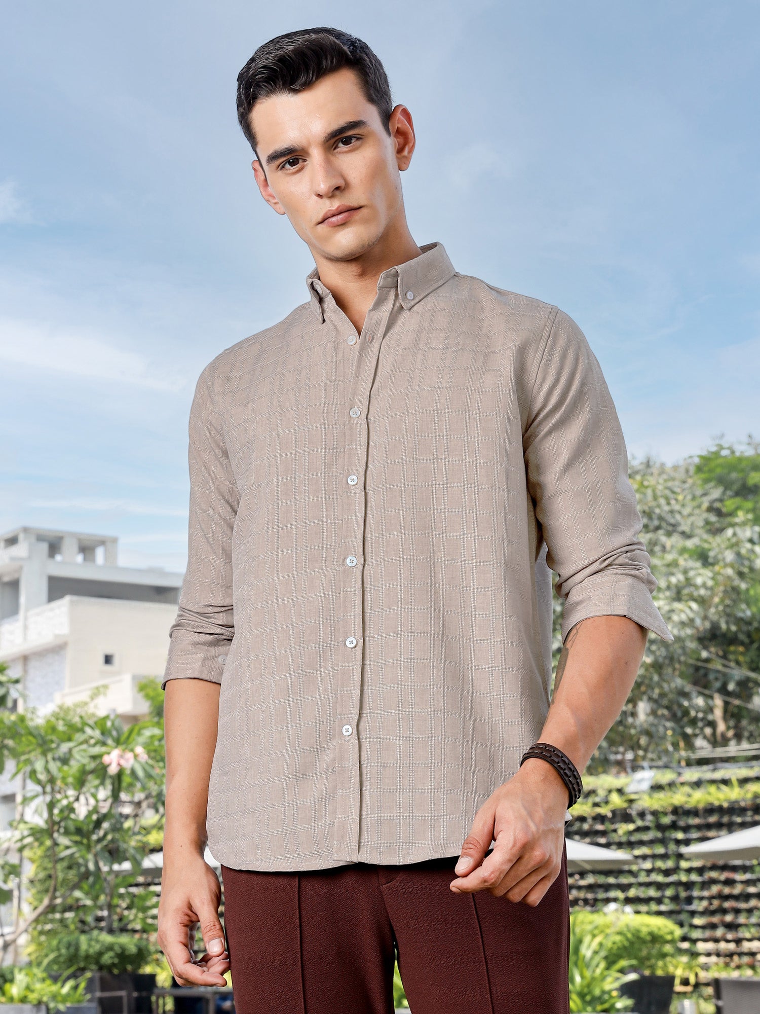 Thomas Scott Men Beige Slim Fit Long Sleeves Button-Down Collar Woven Casual Shirt