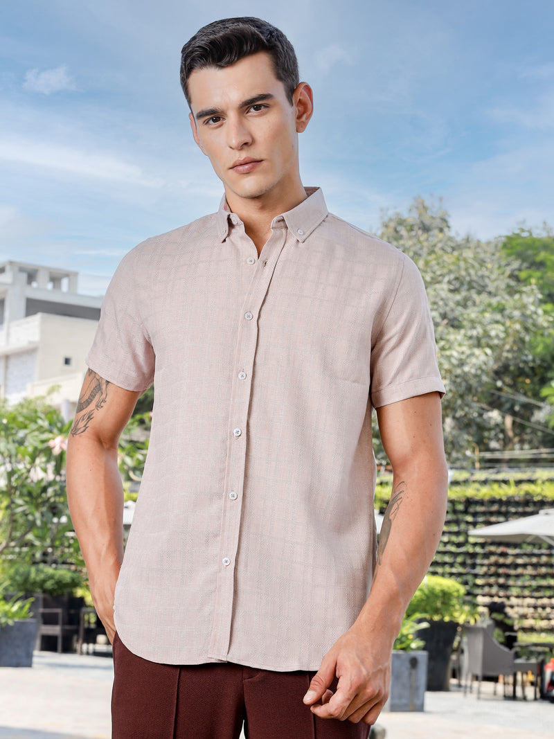 Thomas Scott Men Pink Slim Fit Short Sleeves Windowpane Checks Woven Casual Shirt