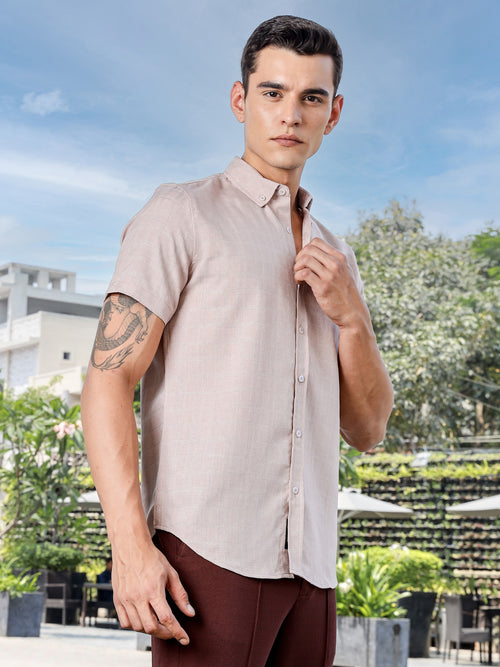 Thomas Scott Men Pink Slim Fit Short Sleeves Windowpane Checks Woven Casual Shirt