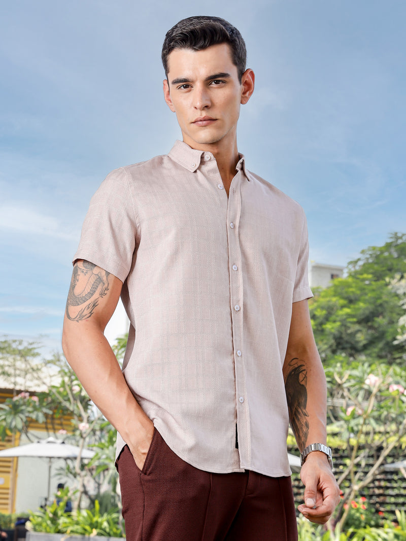 Thomas Scott Men Pink Slim Fit Short Sleeves Windowpane Checks Woven Casual Shirt