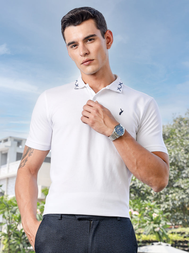 Thomas Scott Men White Regular Fit Short Sleeve Polo Collar Knitted T-shirt