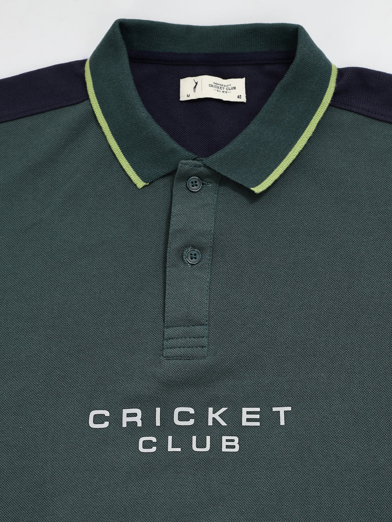 Thomas Scott Men BottleGreen Regular Fit Short Sleeves Typography Polo Collar Knitted Tshirt