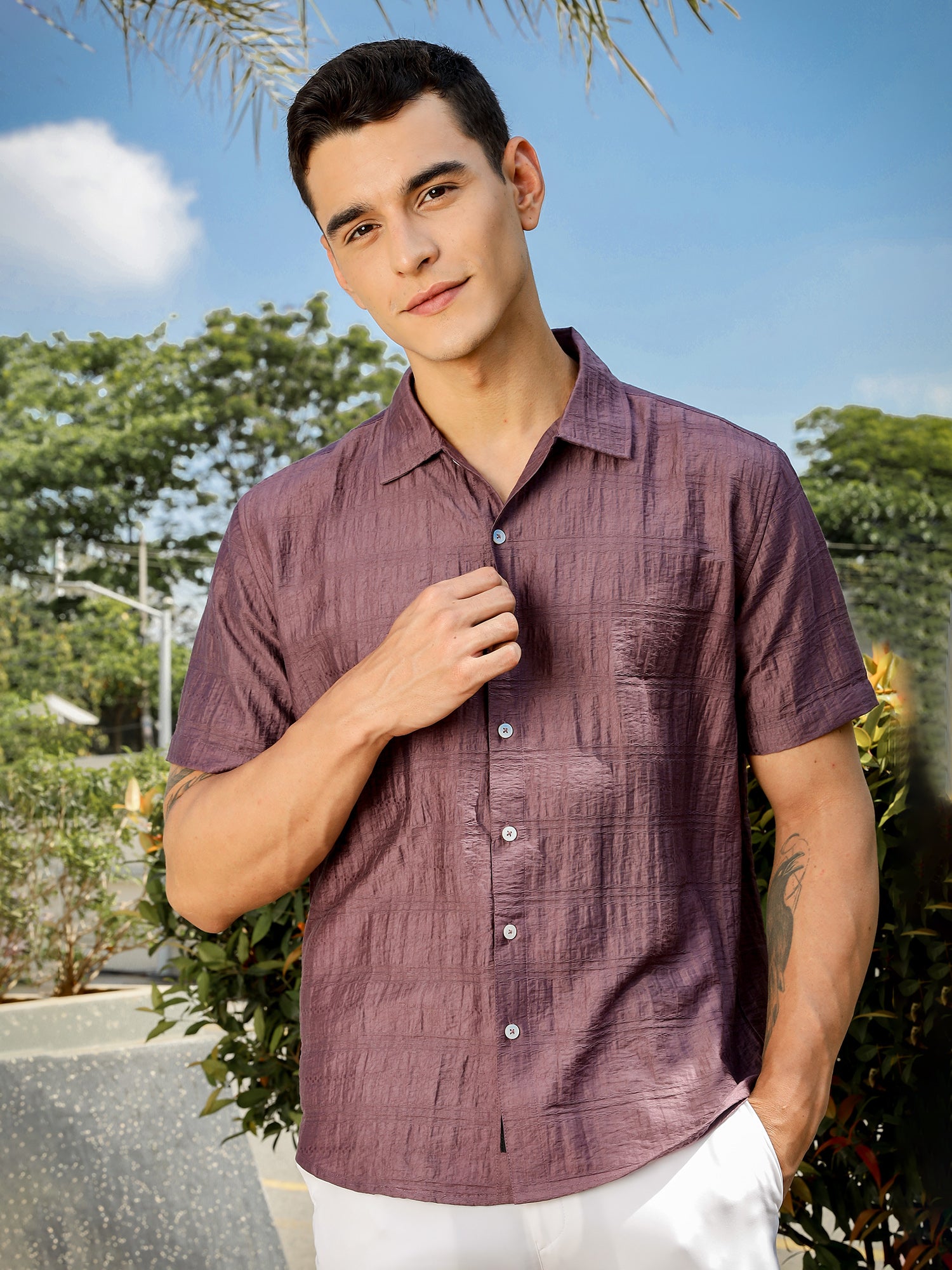 Thomas Scott Men Mauve Slim Fit Short Sleeves Horizontal Stripes Casual Shirt