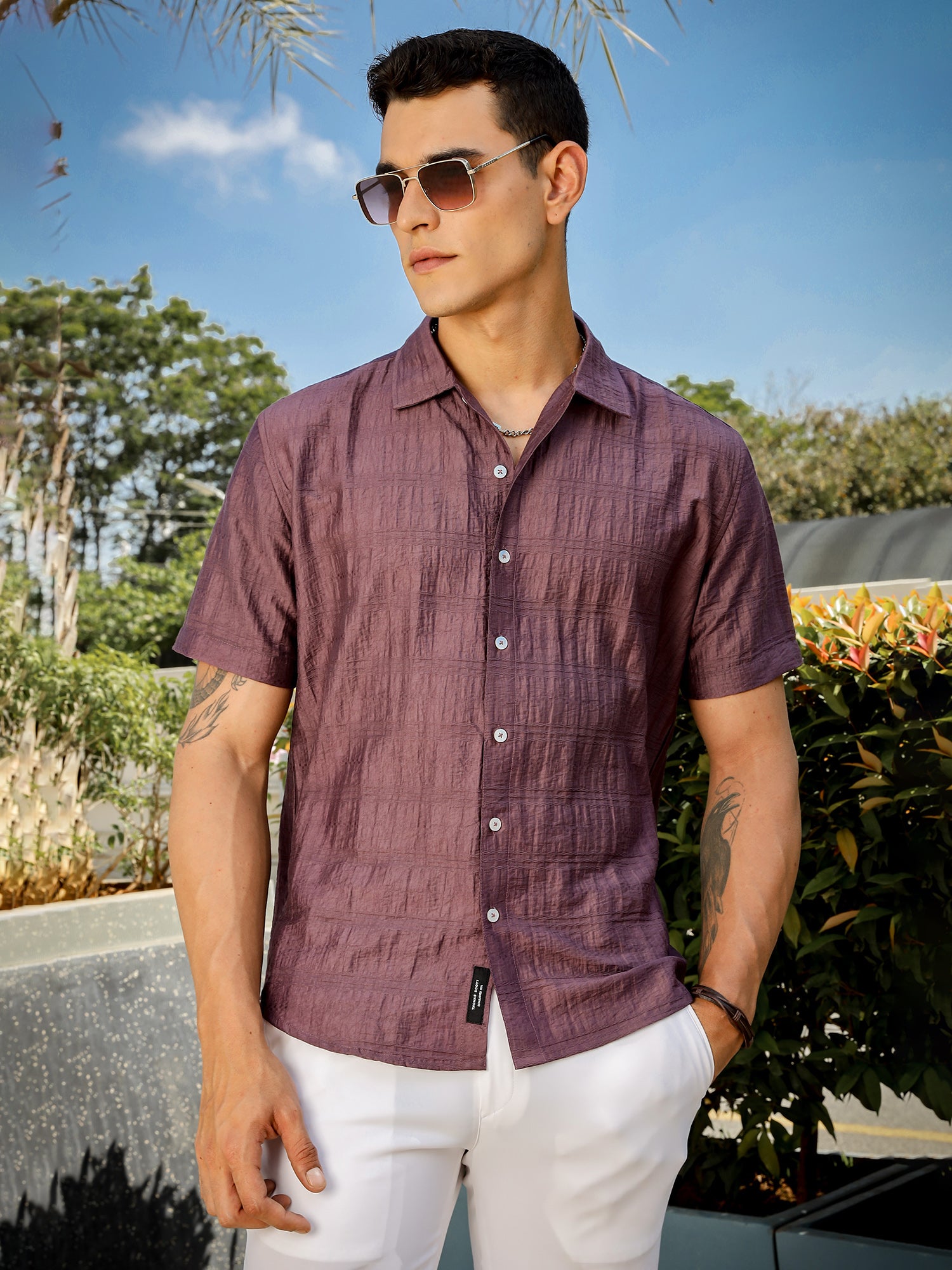 Thomas Scott Men Mauve Slim Fit Short Sleeves Horizontal Stripes Casual Shirt