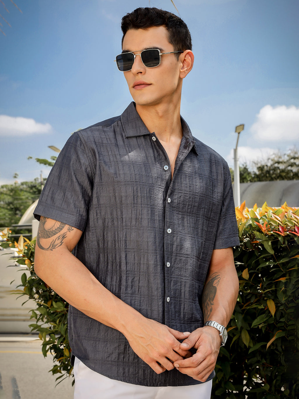 Thomas Scott Men Grey Slim Fit Short Sleeves Horizontal Stripes Casual Shirt