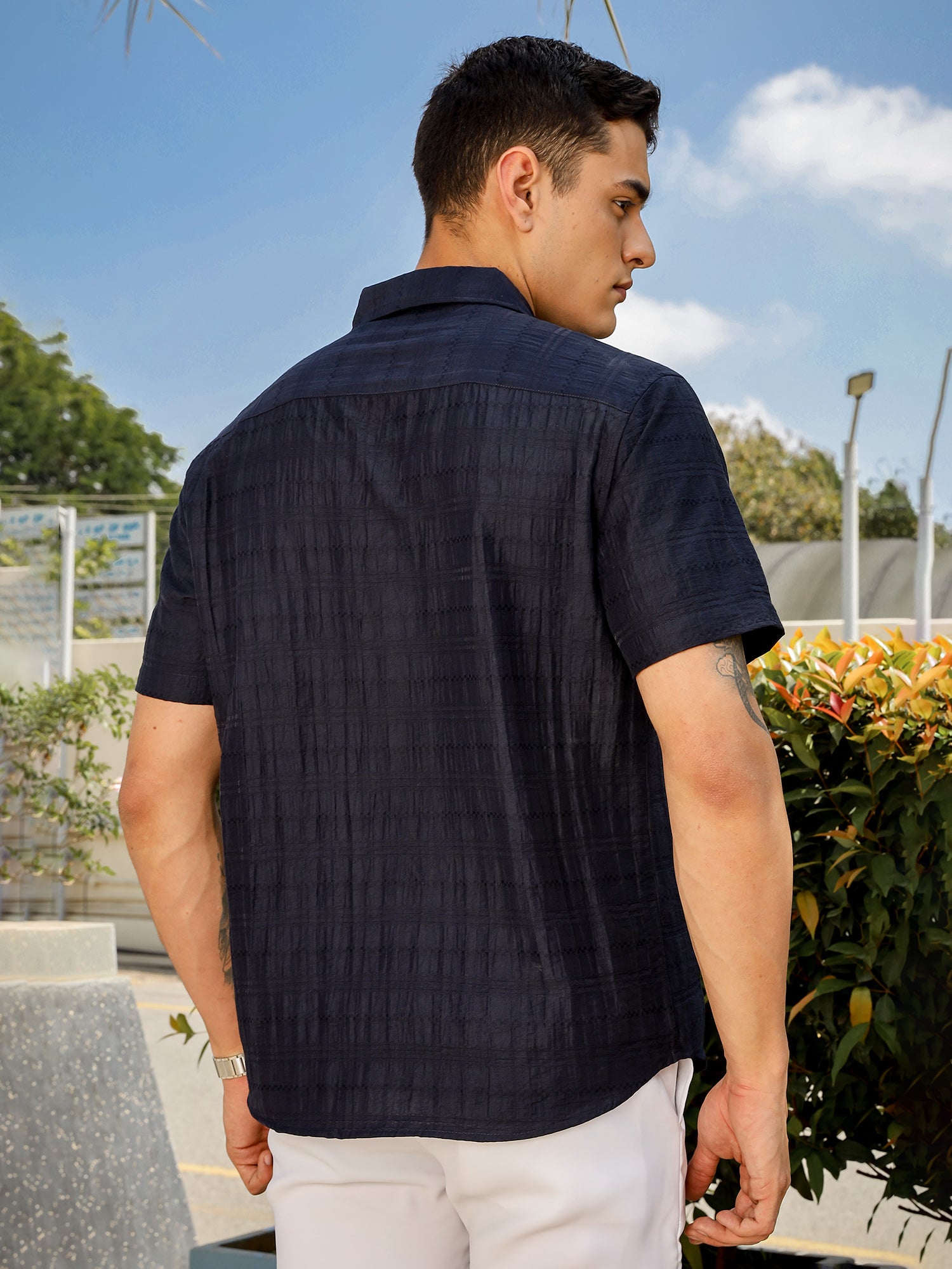 Thomas Scott Men Navy Slim Fit Short Sleeves Horizontal Stripes Casual Shirt