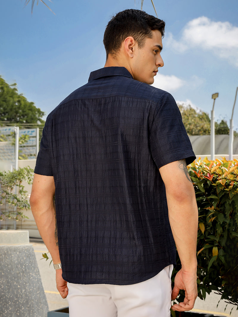 Thomas Scott Men Navy Slim Fit Short Sleeves Horizontal Stripes Casual Shirt