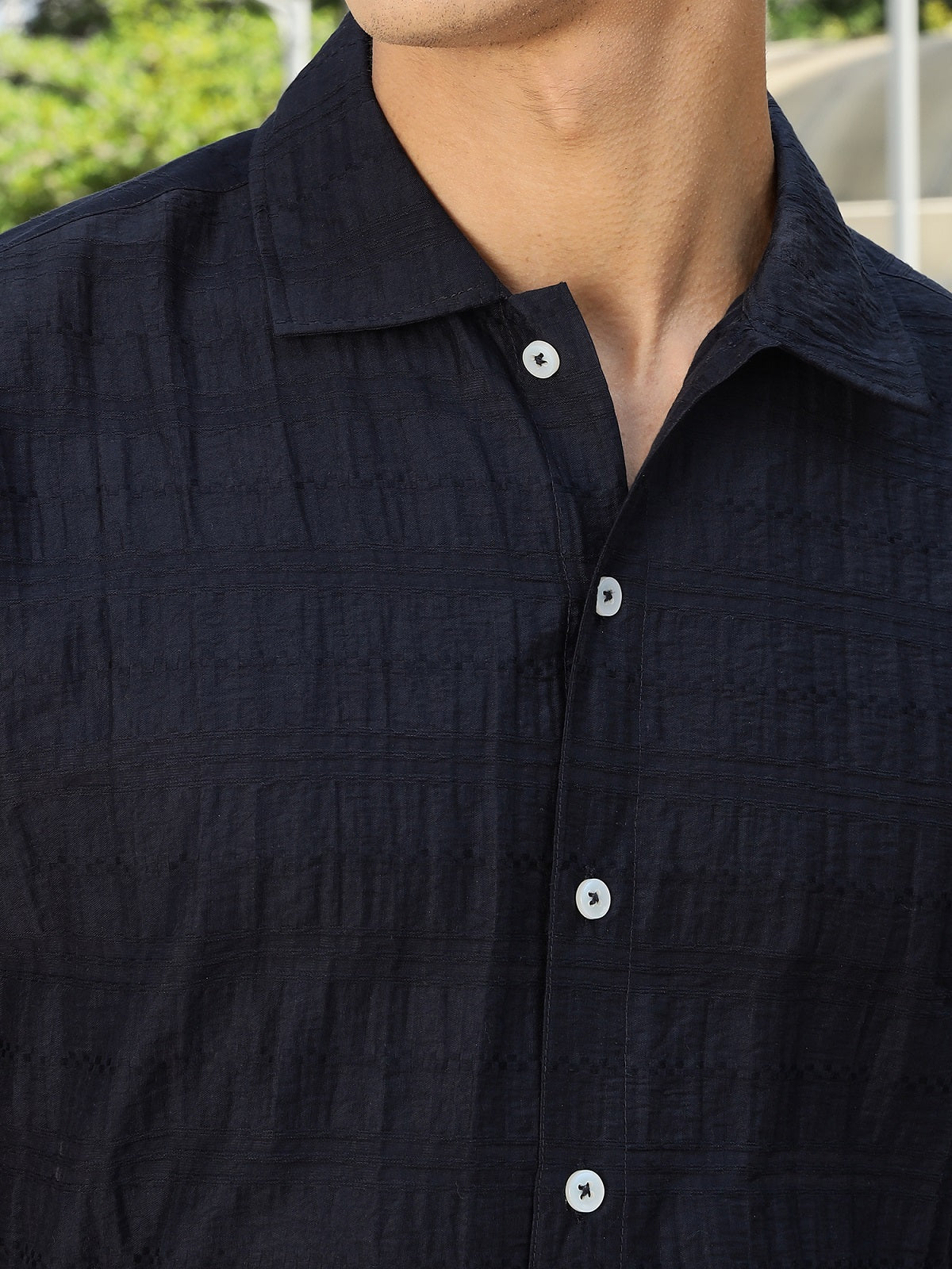Thomas Scott Men Navy Slim Fit Short Sleeves Horizontal Stripes Casual Shirt