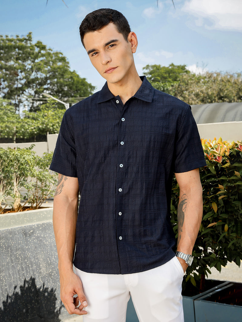 Thomas Scott Men Navy Slim Fit Short Sleeves Horizontal Stripes Casual Shirt