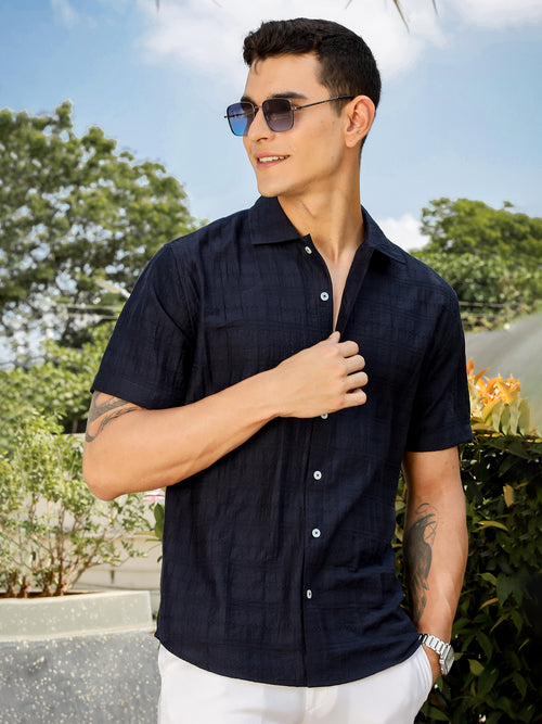 Thomas Scott Men Navy Slim Fit Short Sleeves Horizontal Stripes Casual Shirt